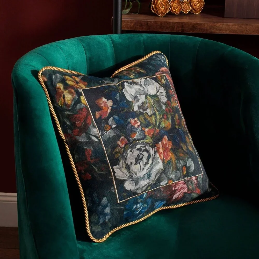 Moody Botanical‎ Floral Velvet Accent Pillow Gold Rope Trim Dark Cottage Decor